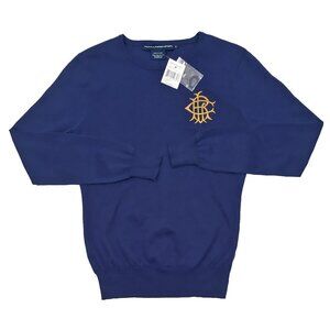 NEW $165 Polo Ralph Lauren Sweater!  Blue With Gold Monogram  Pure Pima Cotton